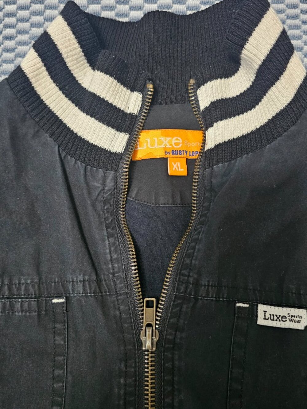 Rusty Lopez Luxe Bomber Black Denim Jacket Striped Trim - Size XL Fits Medium - Picture 4 of 6